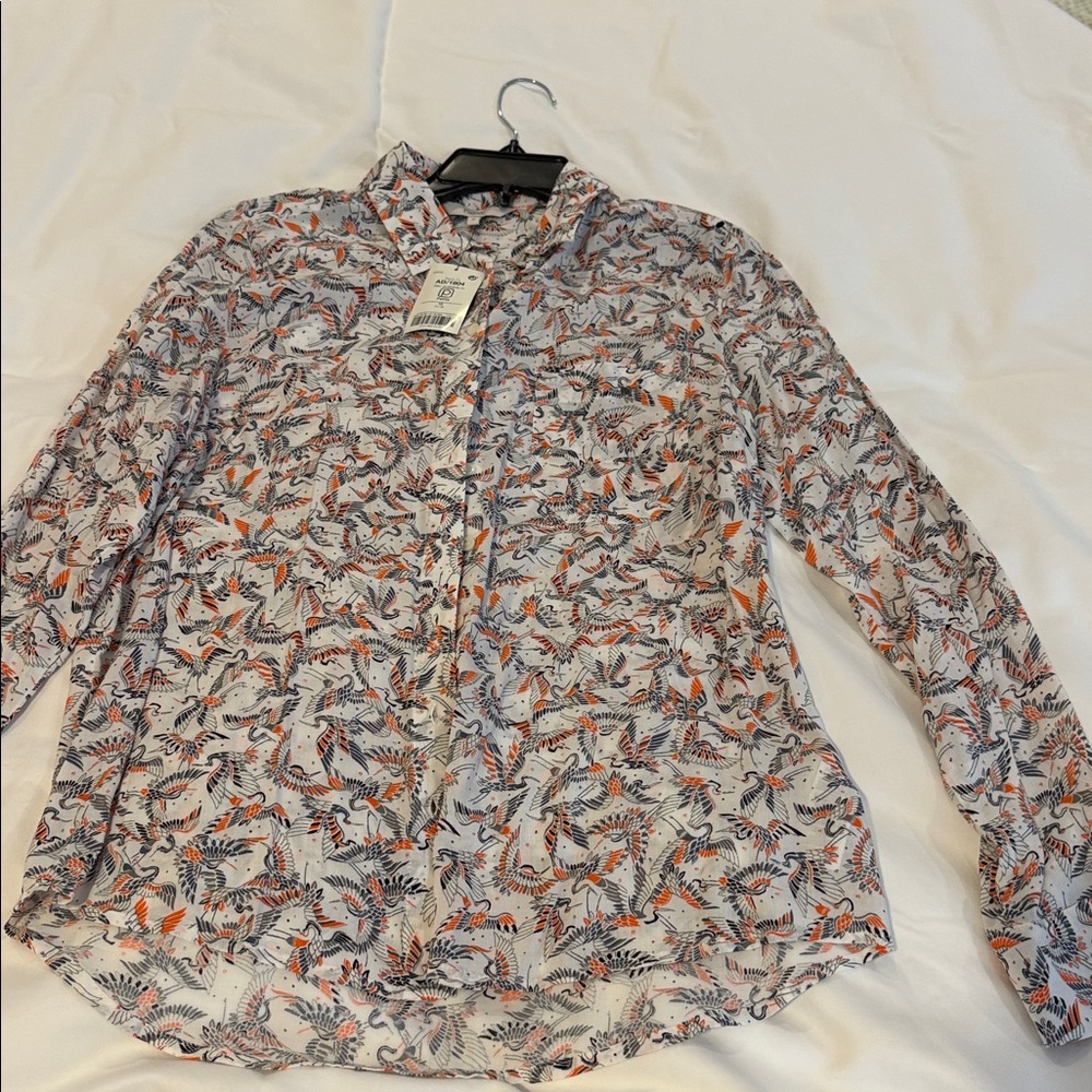 Ladies, blouse, with Crane Pattern - Gray and Orange - Picture 2 of 4